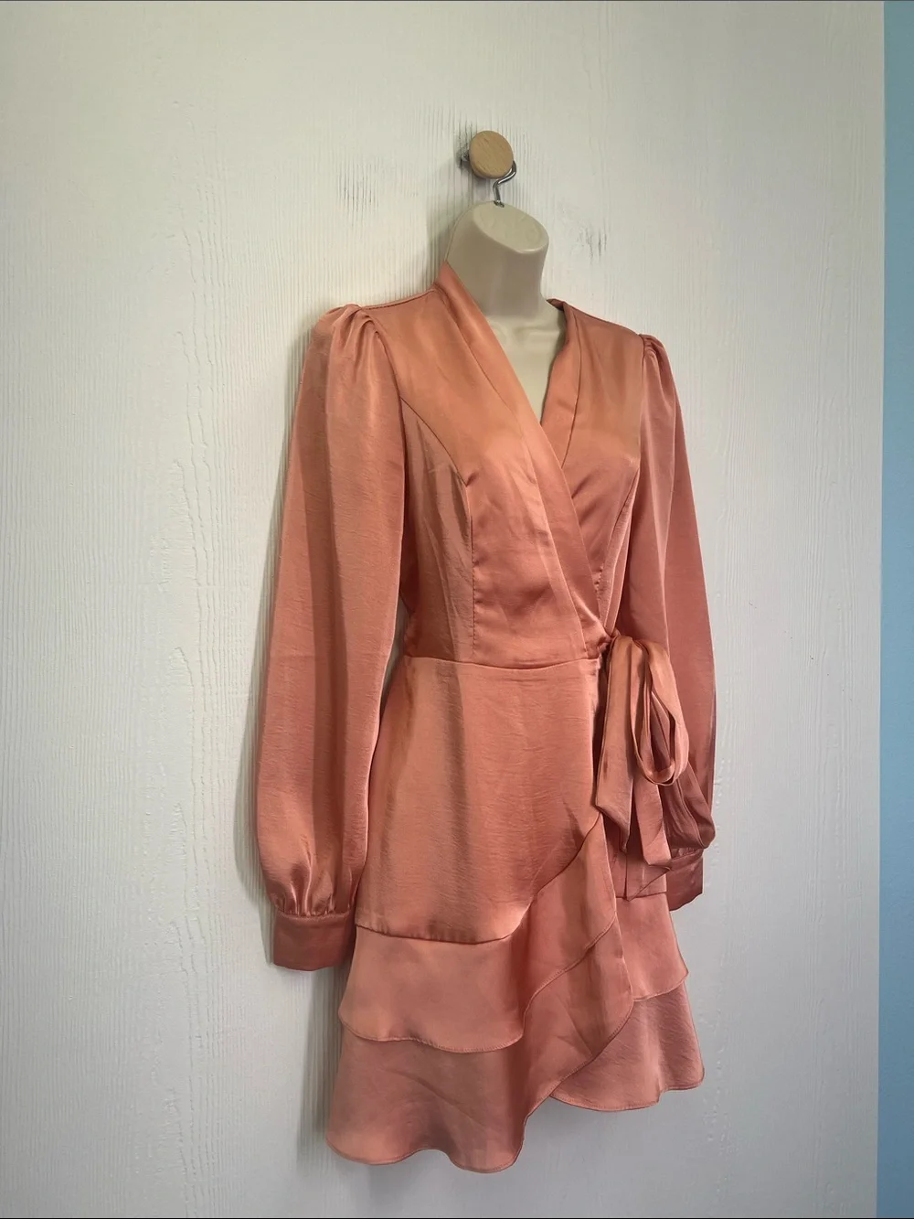Lulus - Glow Forever Peach Pink Long Sleeve Ruffled Wrap Mini Dress Size Medium - Picture 3 of 10